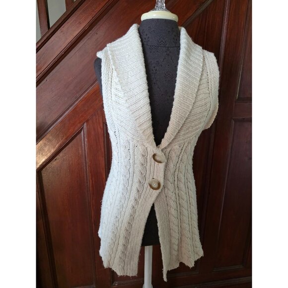 Eddie Bauer Womens Cable Knit Sweater Vest Medium Lambs Wool Blend Beige - Picture 1 of 8